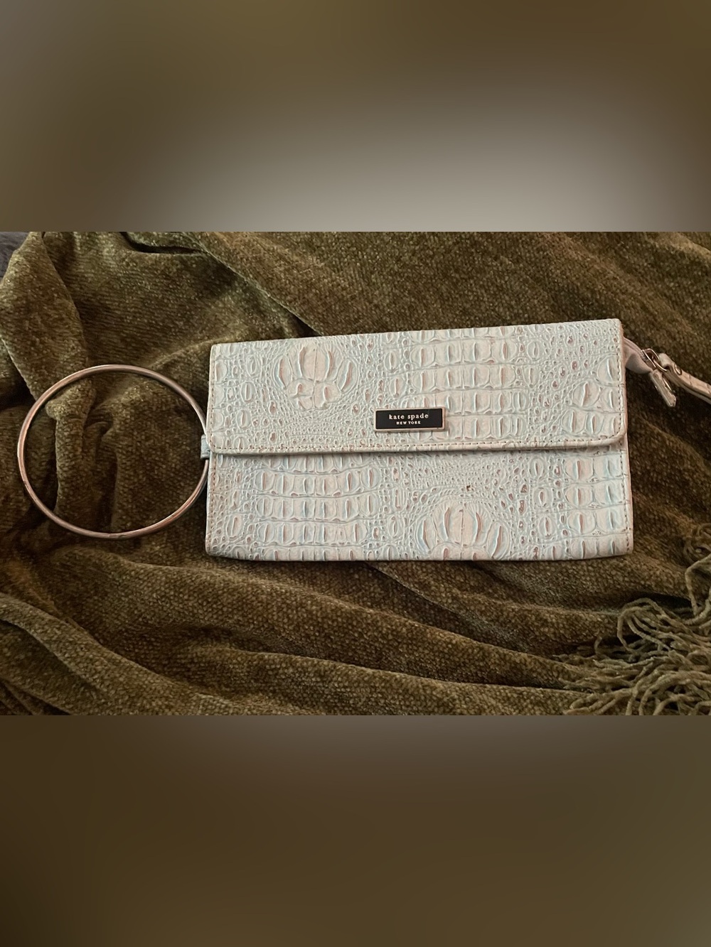 Kate Spade New York crocodile-embossed metal ring wristlet/clutch